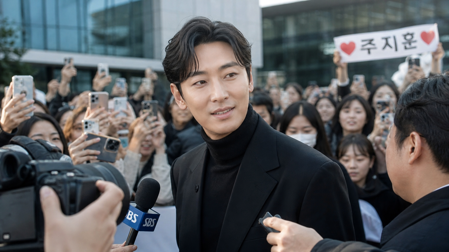배우 주지훈이 도시 환경 속에서 팬들과 미디어의 관심을 받는 모습