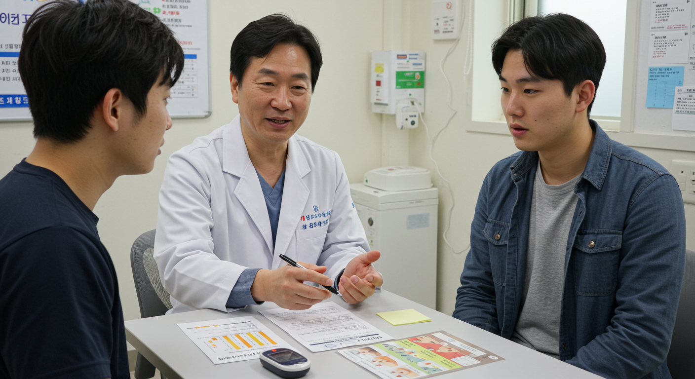 클리닉에서 환자와 당뇨병 예방에 대해 상담 중인 의사의 장면