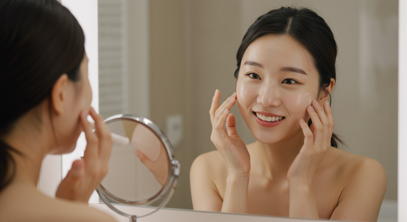 거울 앞에서 스킨케어 제품을 바르는 젊고 화사한 피부를 가진 여성의 모습