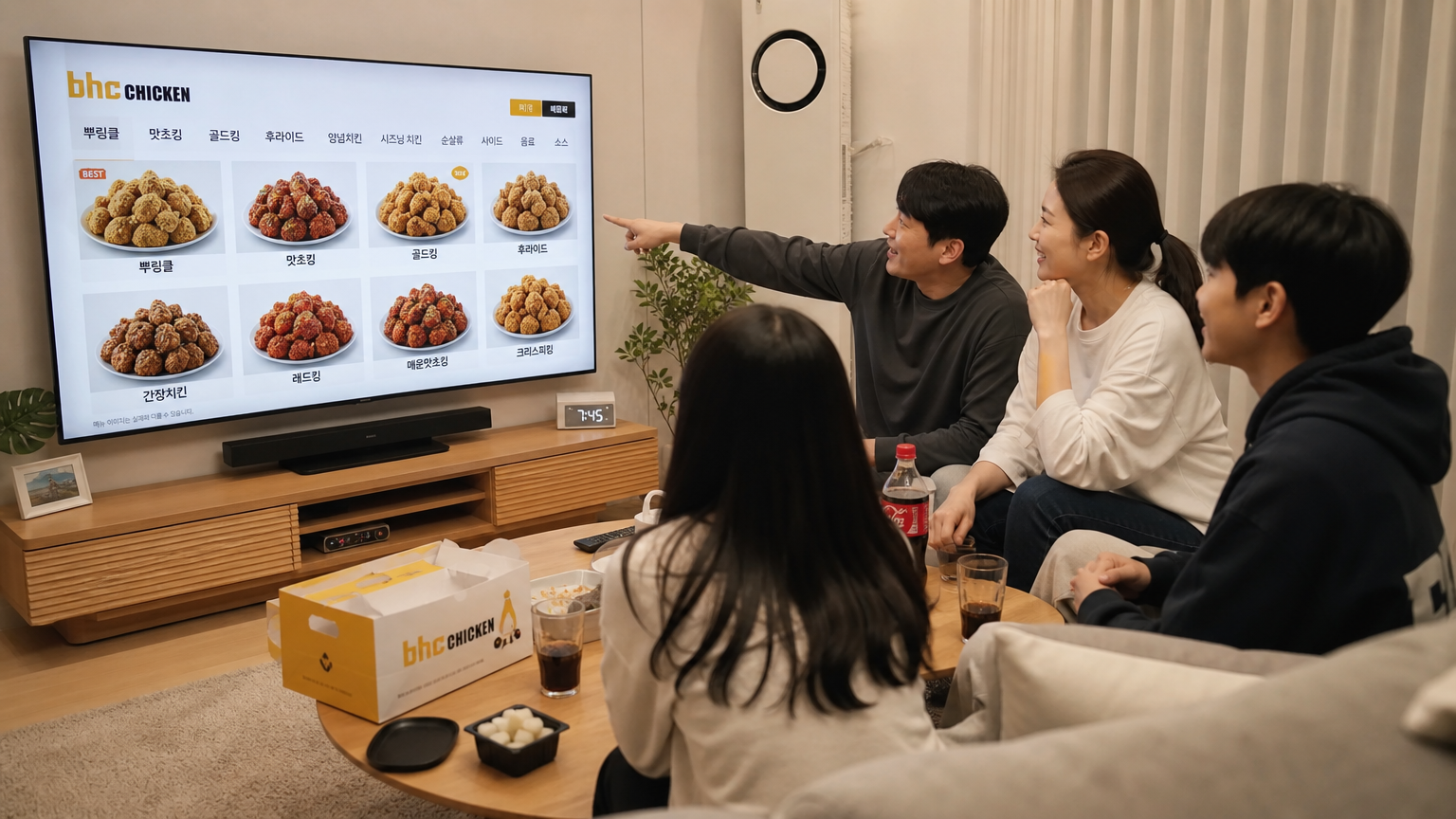 가족이 거실에서 TV 화면에 비친 다양한 BHC 치킨 메뉴를 보며 즐겁게 토론하는 장면