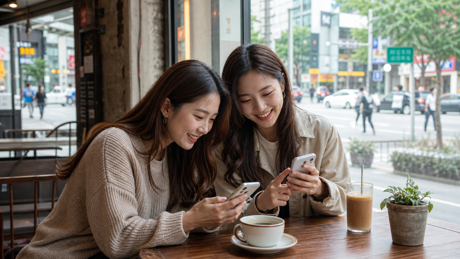트렌디한 카페에서 스마트폰으로 건강 관리 앱을 사용하는 젊은 여성들