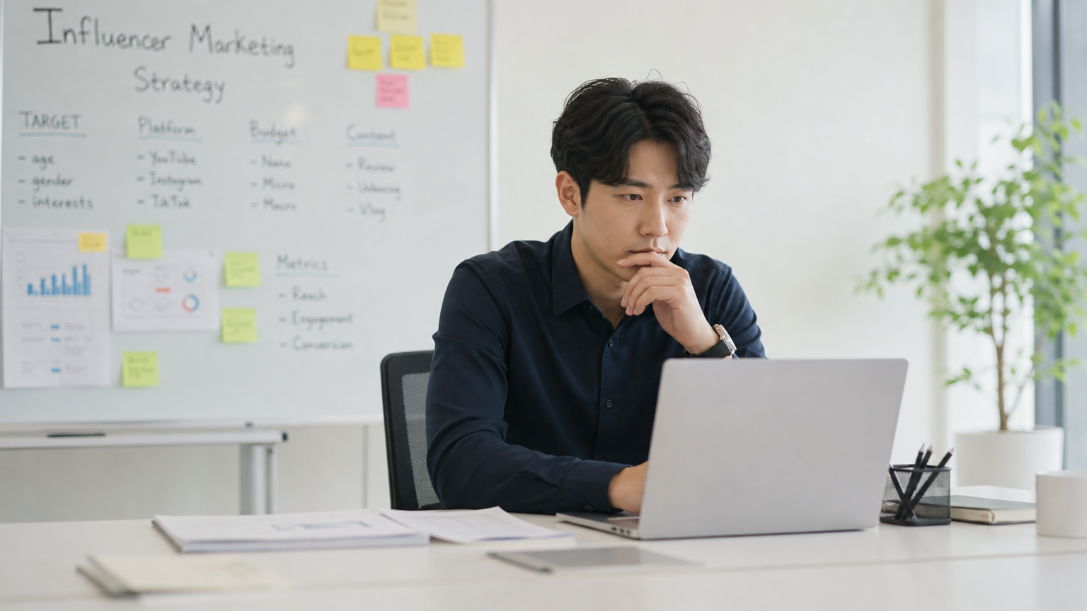 사무실 책상에 앉아 노트북으로 인플루언서 마케팅 전략을 고민하는 현대적 직장인