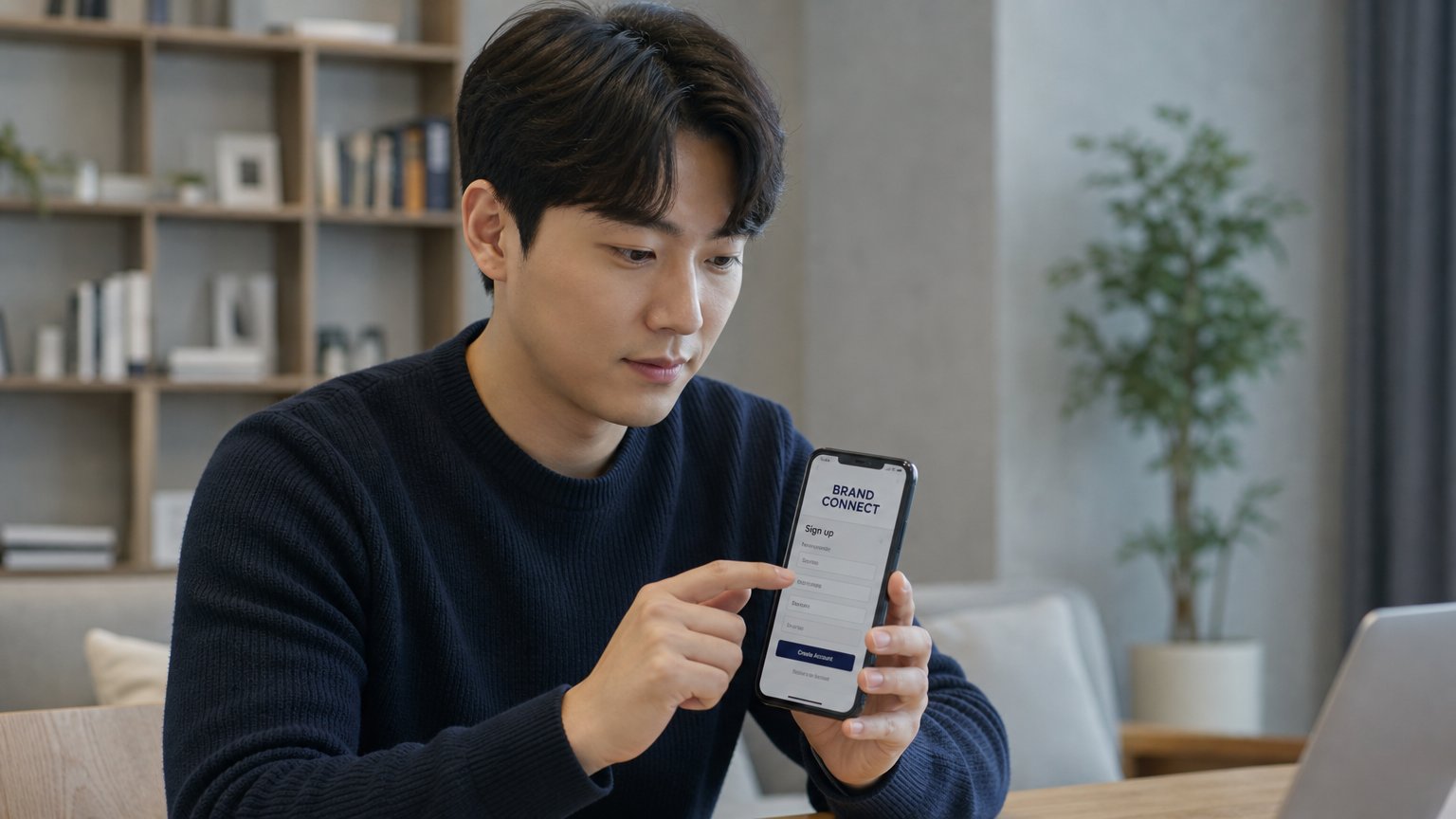 스마트폰으로 브랜드커넥트에 가입하는 한국의 사업가 모습
