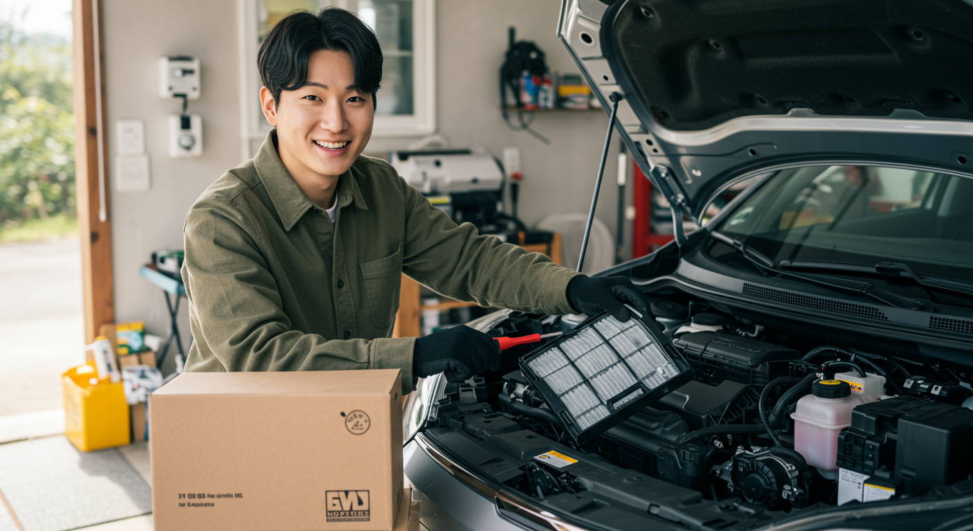가정에서 DIY 도구로 전기차 에어컨 필터를 교체하는 모습