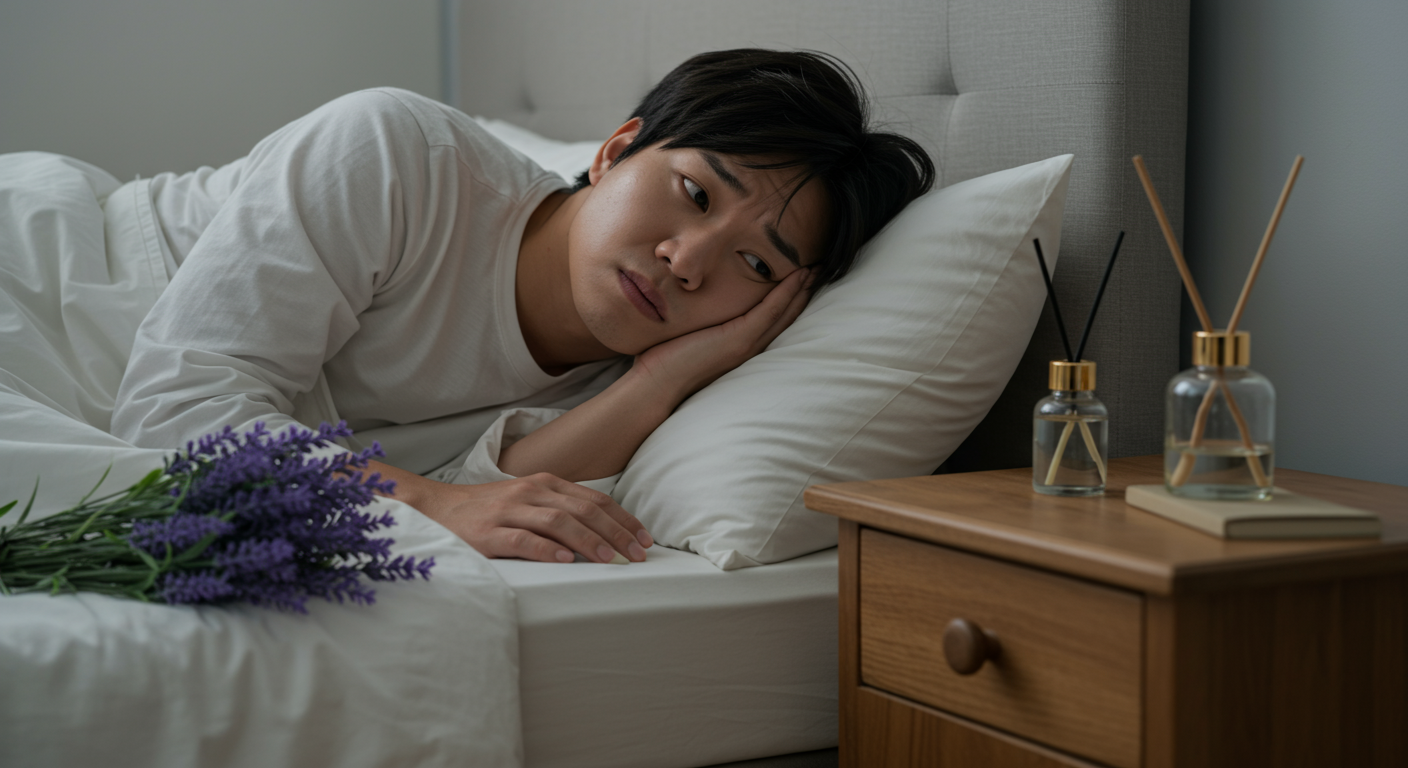 침대에 누워 고민스러운 표정을 짓고 있는 현대인의 모습과 옆에 놓인 라벤더 꽃과 에센셜 오일 디퓨저