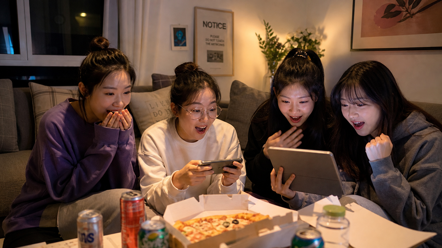 스마트폰과 태블릿으로 댄스 경연대회 생중계를 시청하는 팬들