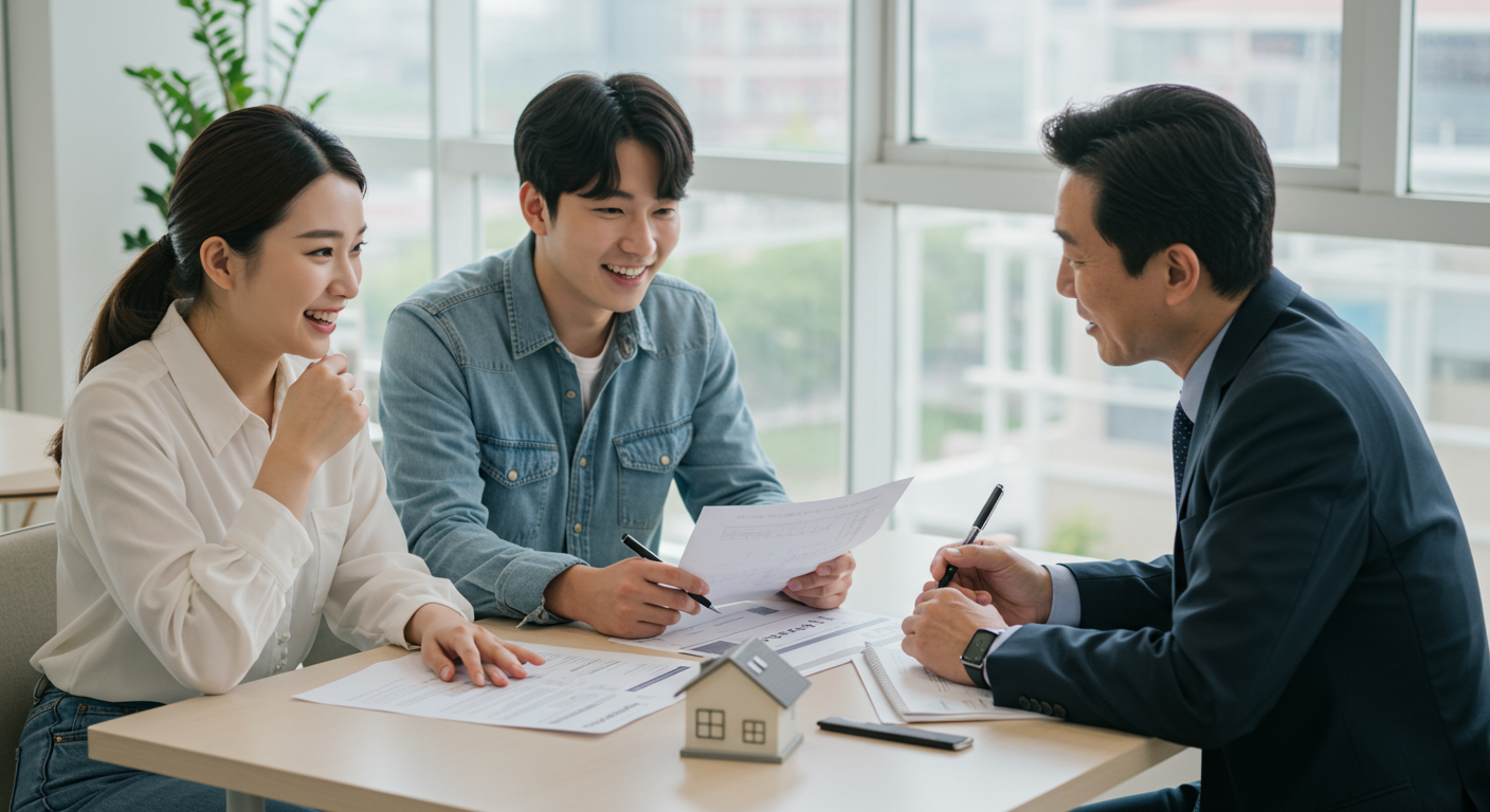 젊은 한국 청년들이 금융 상담사와 함께 현대적 사무실에서 주거 계획을 논의하는 모습