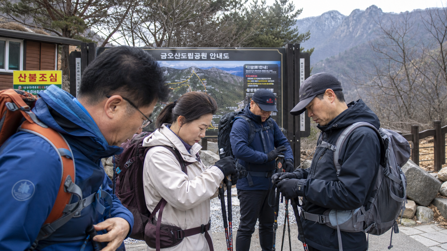 등산객들이 안전 장비를 갖추고 구미 금오산 기슭에서 출발 준비하는 모습