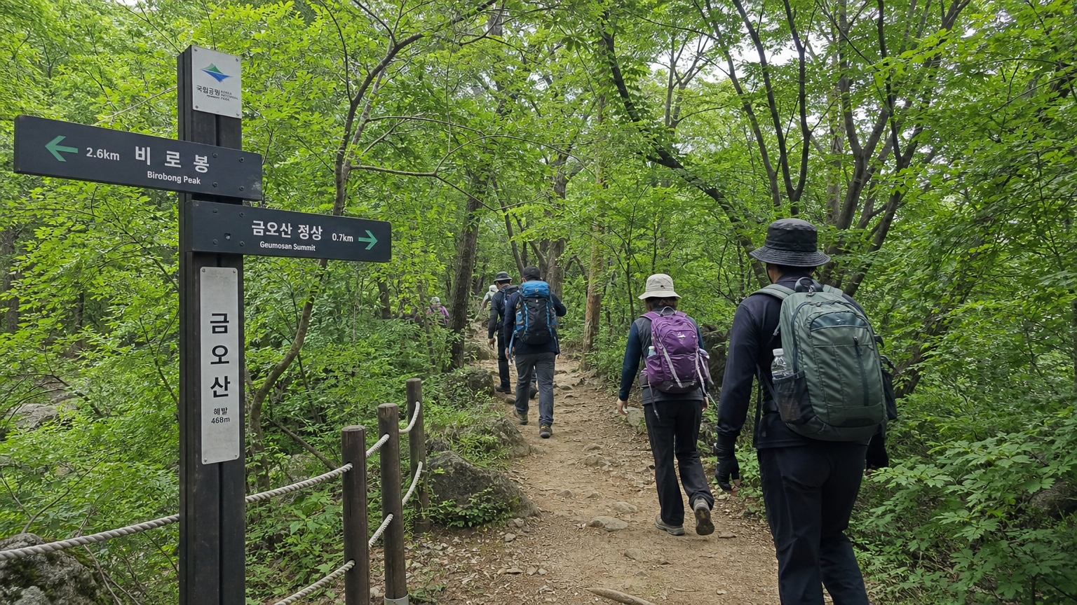 지정된 등산로를 따라 숲속에서 안내 표지판을 확인하며 이동하는 모습