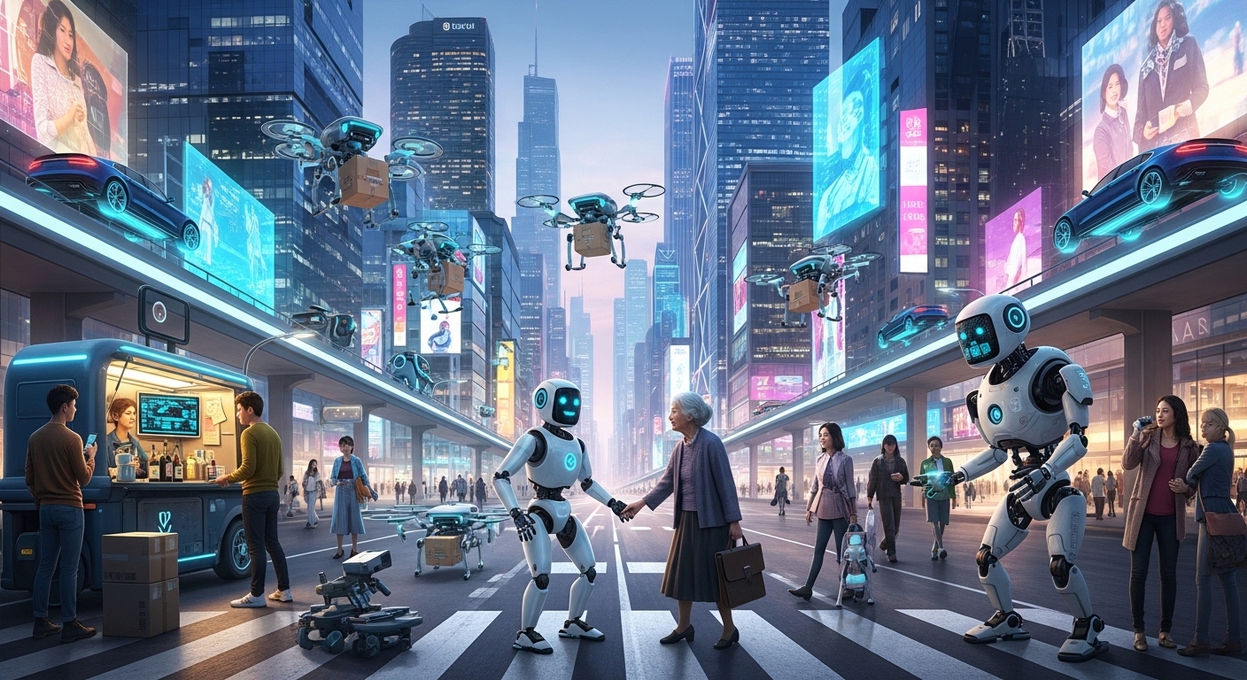 미래 도시에서 AI와 로봇이 사람들과 함께 일상 생활에 통합된 모습