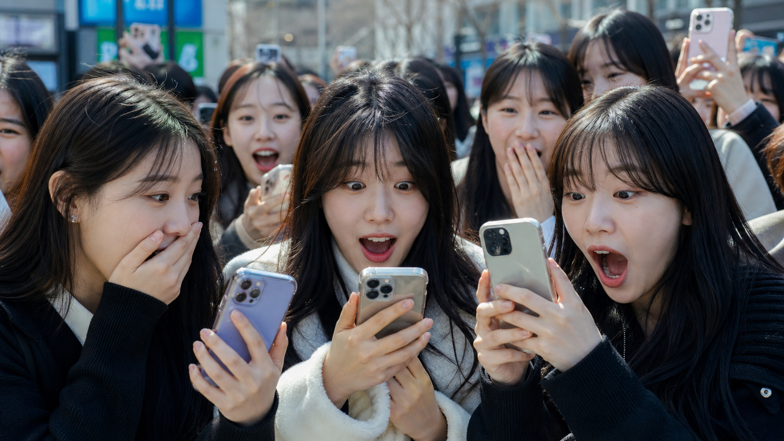 현대 한국 팬들이 깜짝 결혼 소식에 놀라며 스마트폰을 들고 있는 모습