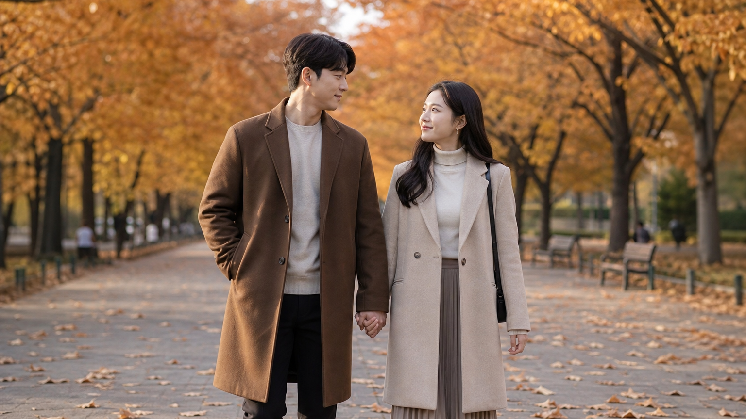 가을 공원에서 손을 잡고 걷는 현대적인 한국 커플의 로맨틱한 장면