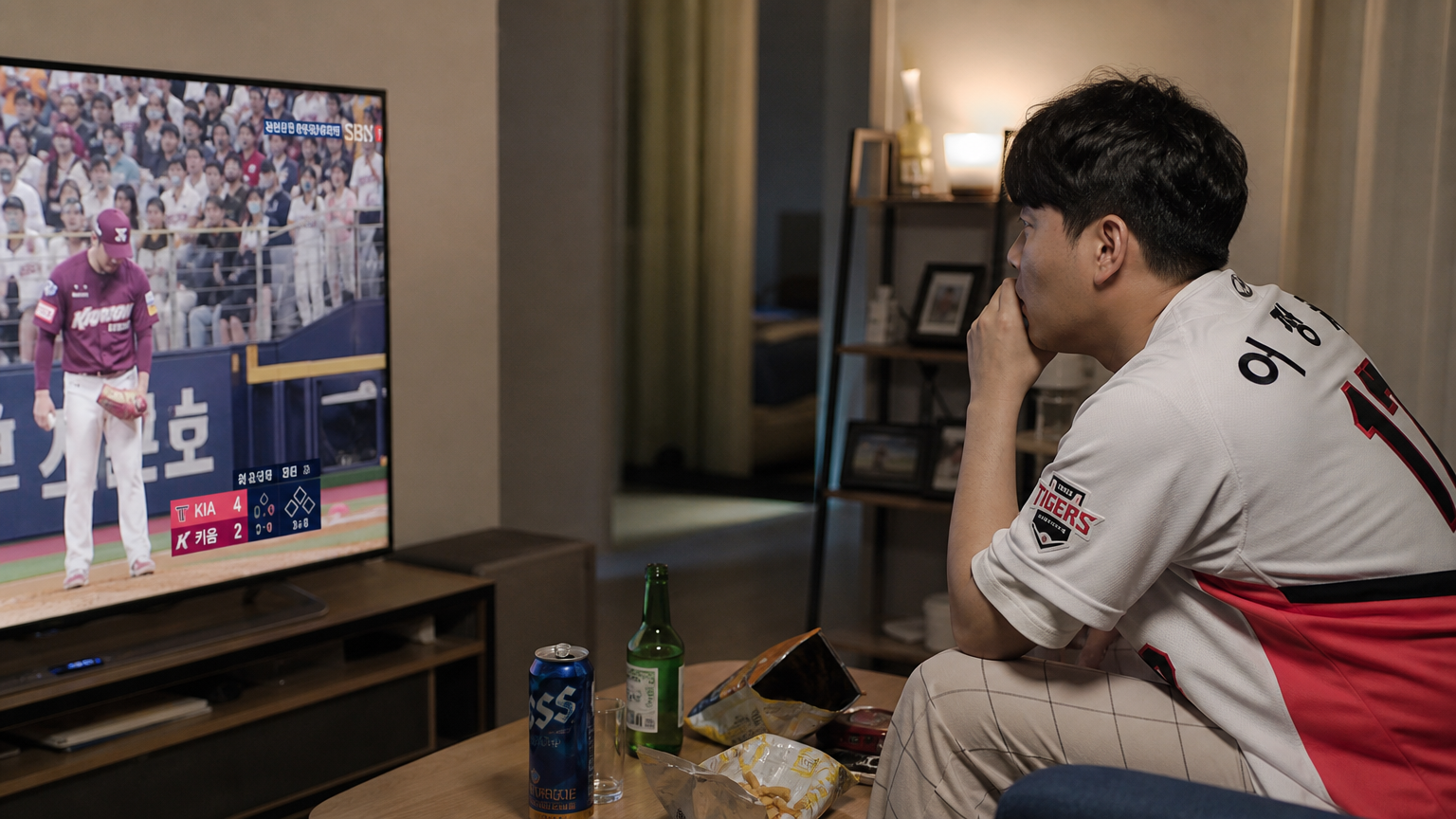 현대 한국 야구 팬이 집에서 TV로 경기를 시청하는 모습