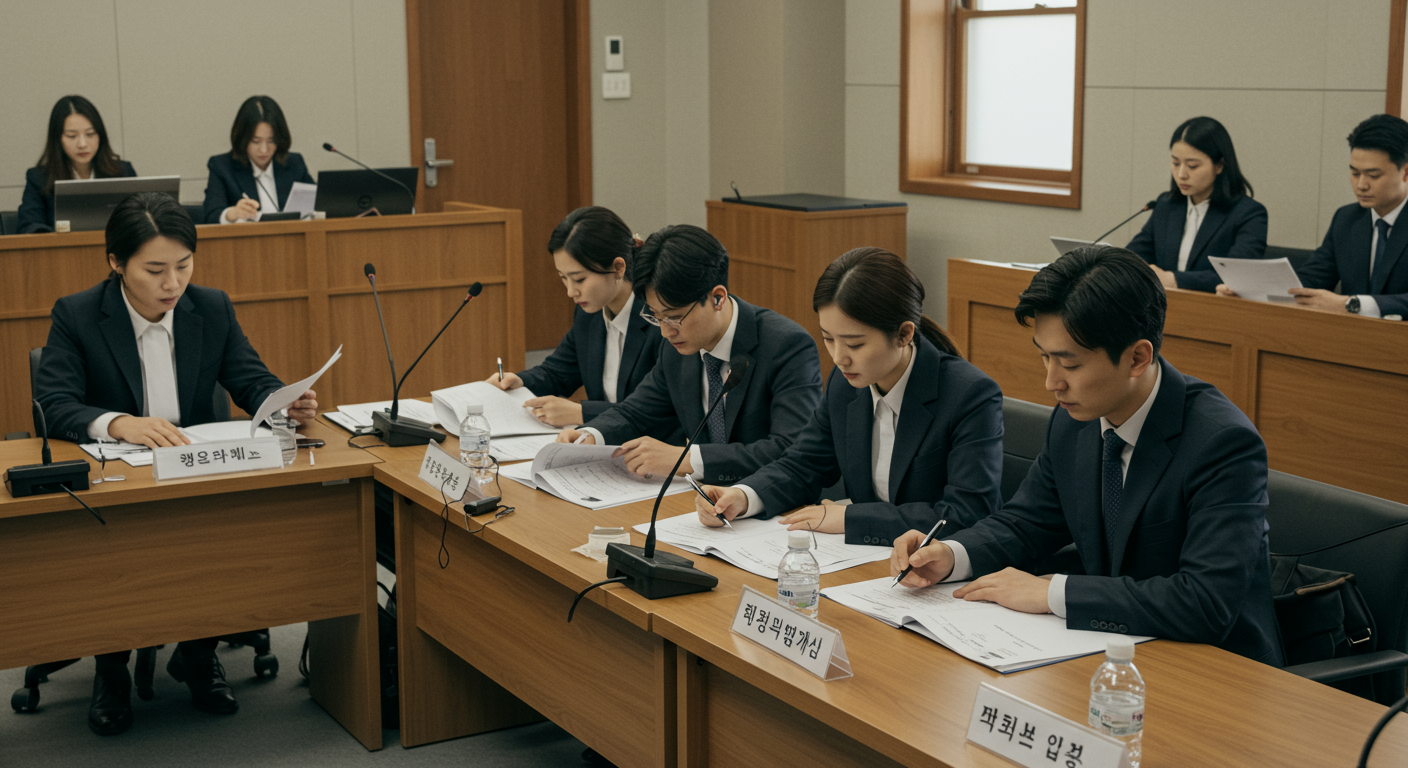 현대적인 법정에서 전사된 오디오 구간을 검토하는 법률팀
