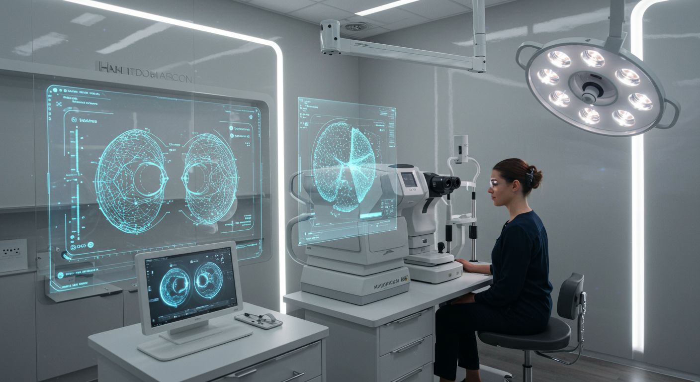 환자의 각막 상태를 분석하는 AI 기반 진단 시스템이 있는 최첨단 안과 병원 내부
