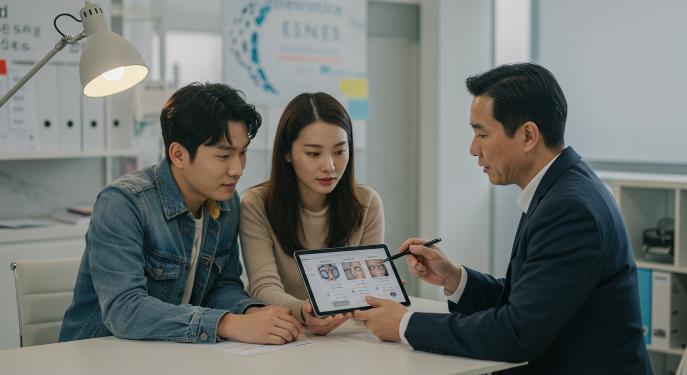 디지털 태블릿에서 수술비용을 검토하는 젊은 커플과 재무 상담사의 현대식 사무실 장면