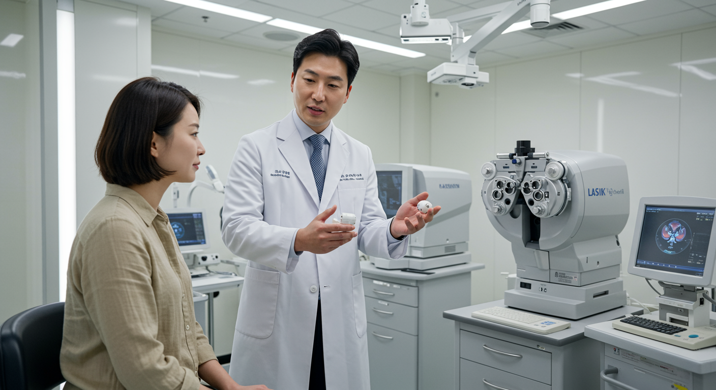 첨단 레이저 장비가 갖춰진 의료시설에서 환자와 상담 중인 자신감 있는 한국 의사