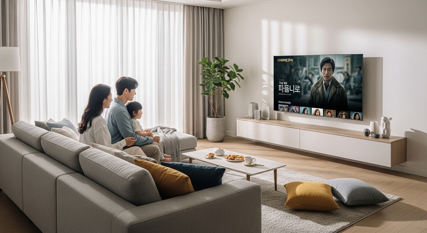 현대적인 거실에서 가족이 큰 TV 화면으로 쿠팡플레이를 통해 영화를 시청하는 장면