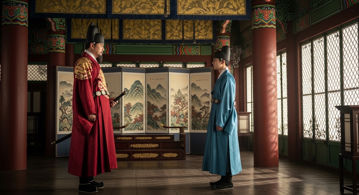 화려한 궁궐에서 두 역사적 인물이 치열하게 대립하는 장면