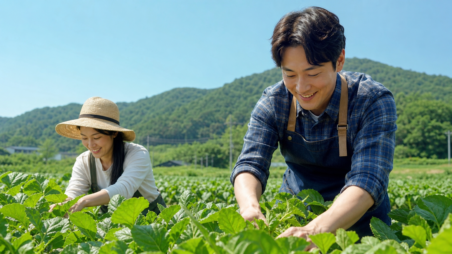 청명한 하늘 아래 풍성한 한국 농촌에서 계절 식재료를 수확하는 모습