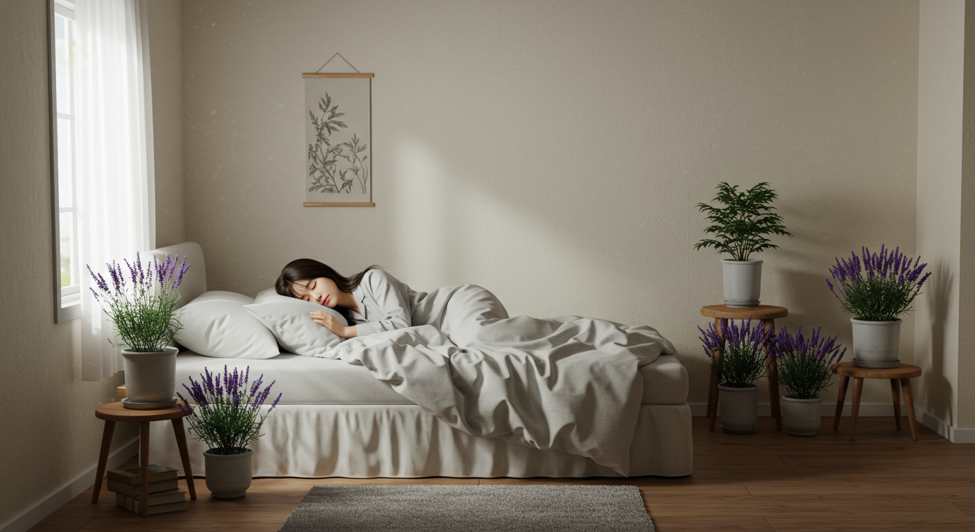 현대 여성이 라벤더와 시더우드 향기 속에서 편안하게 잠든 모습
