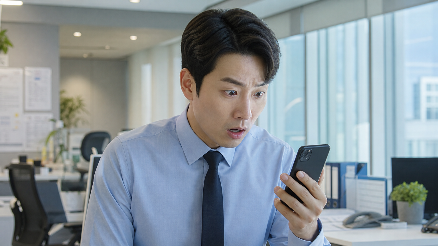 현대 사무실에서 휴대폰 뉴스를 보고 놀란 표정의 직장인의 모습