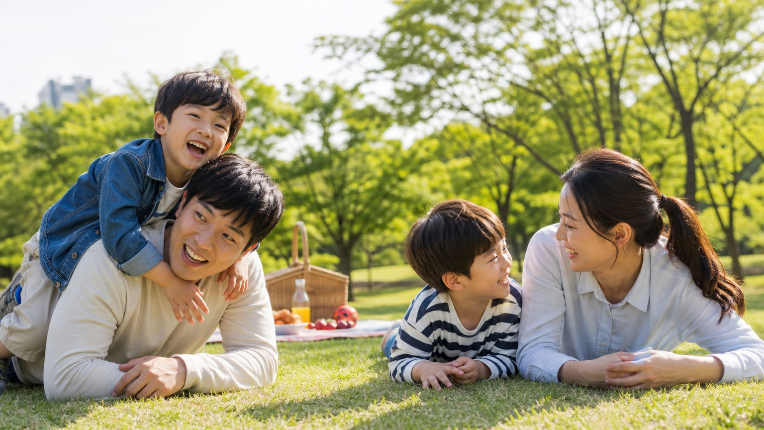 공원에서 두 아들과 함께 즐거운 시간을 보내는 가족의 모습