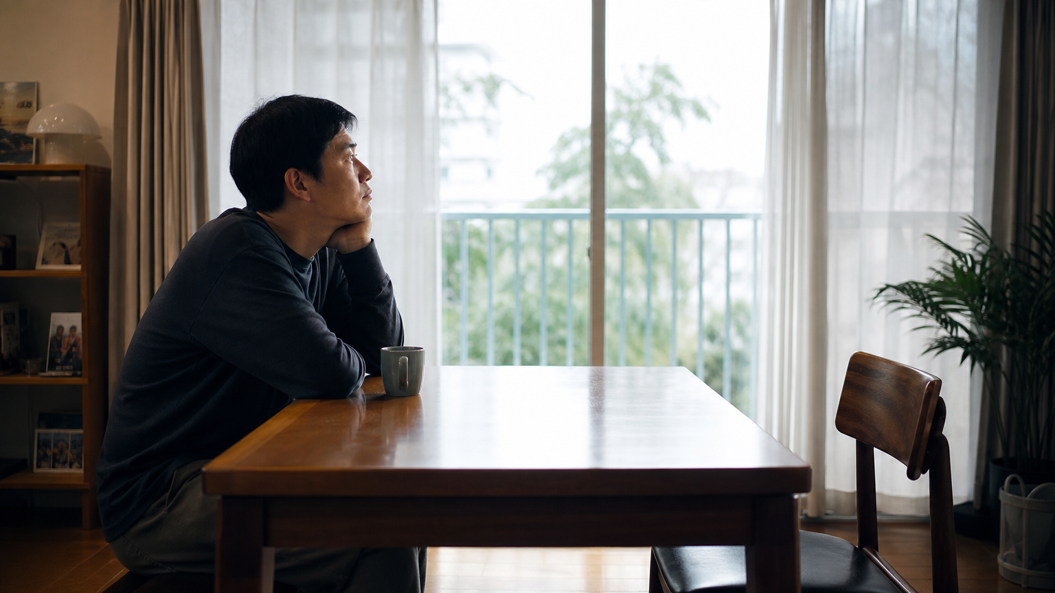 아파트 식탁에 홀로 앉아 창밖을 바라보는 남성의 쓸쓸한 모습