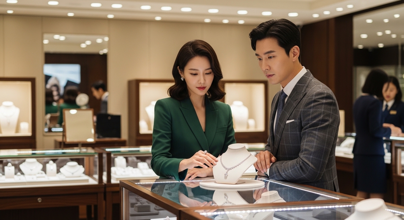 고급스러운 주얼리 매장에서 목걸이를 살펴보는 젊은 커플의 모습