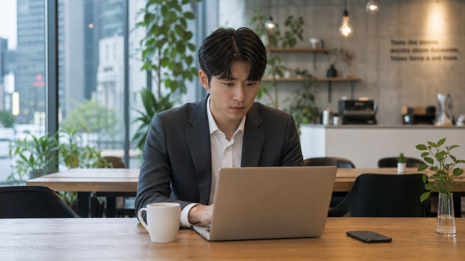 서울의 현대적인 카페에서 노트북으로 금융 뉴스를 읽는 직장인