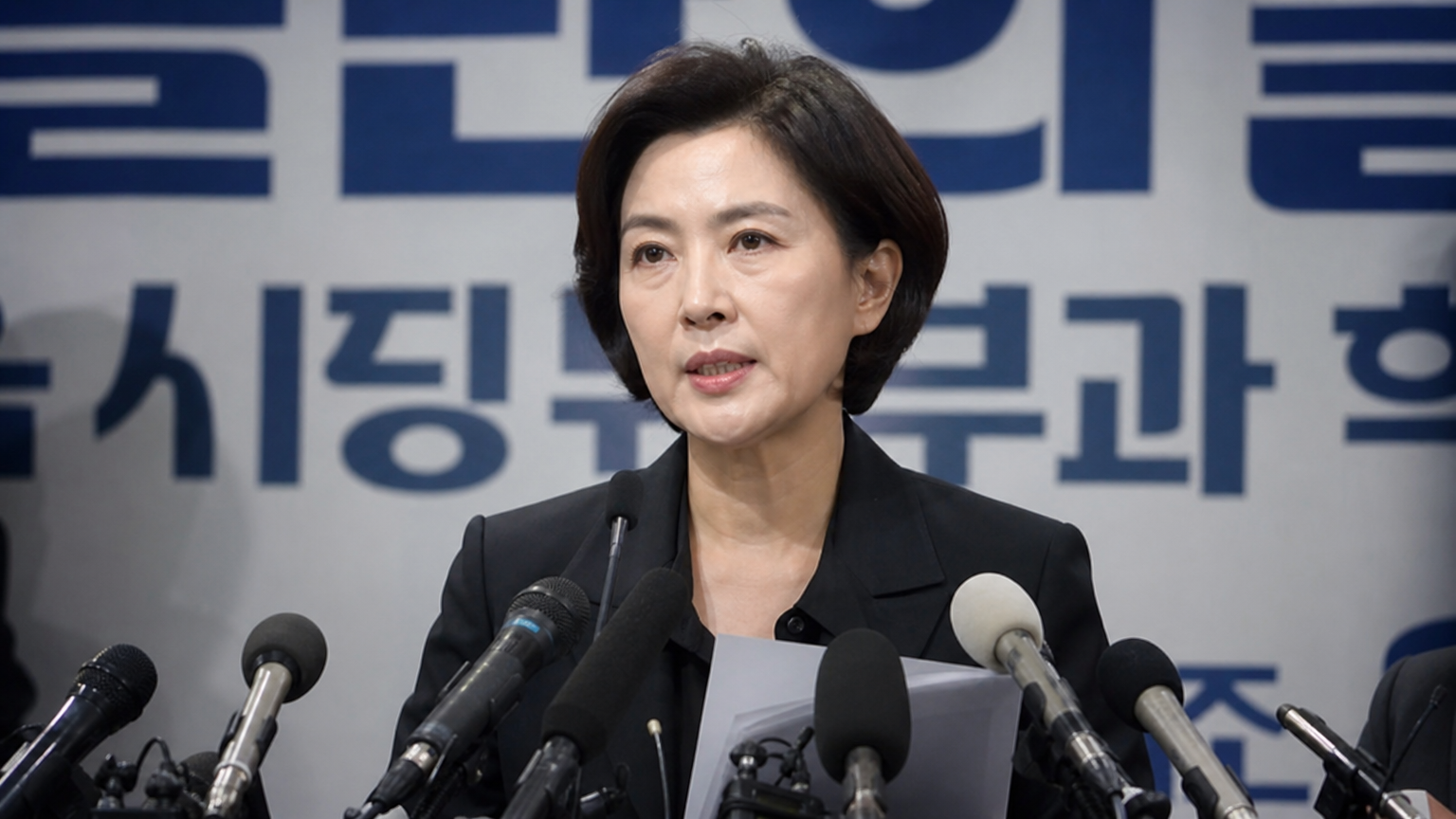 기자회견에서 루머를 해명하는 중년 여성
