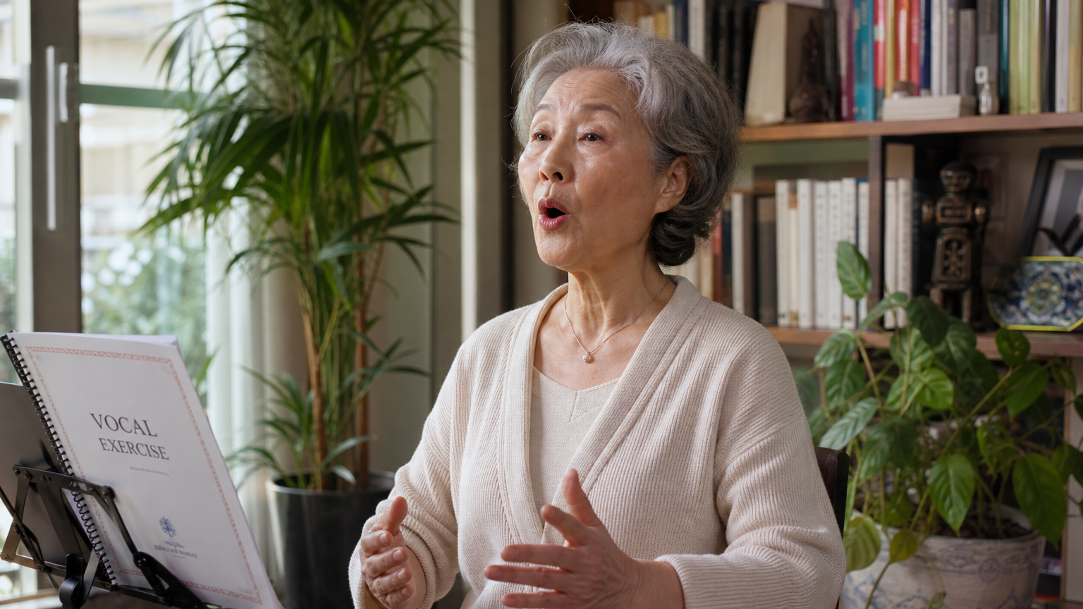 평화로운 분위기 속 발성 연습 중인 연령대 높은 여성