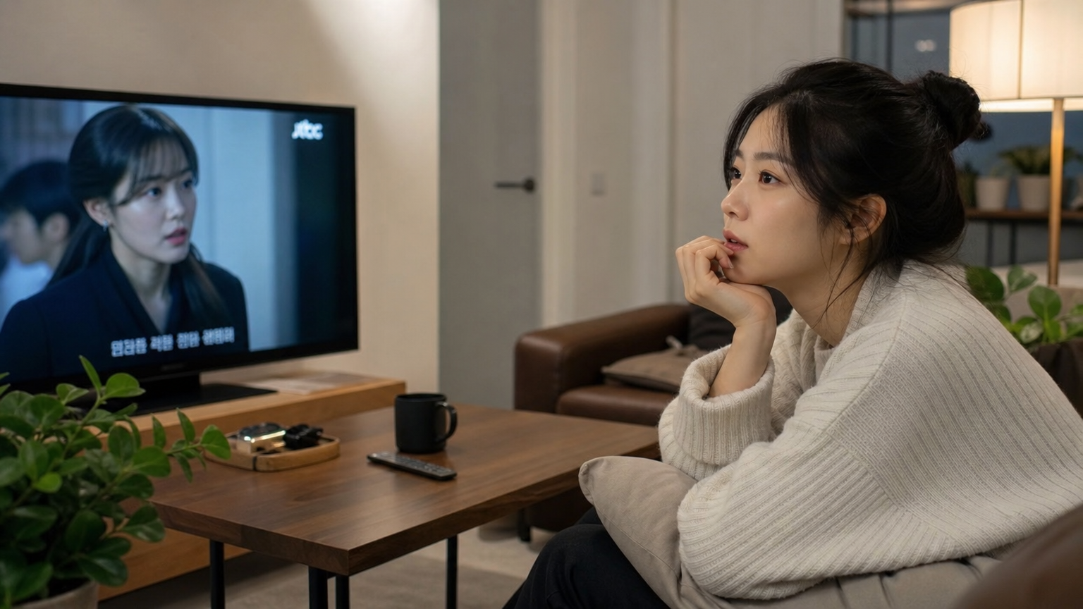 현대적인 거실에서 TV 드라마를 시청하는 여성의 모습
