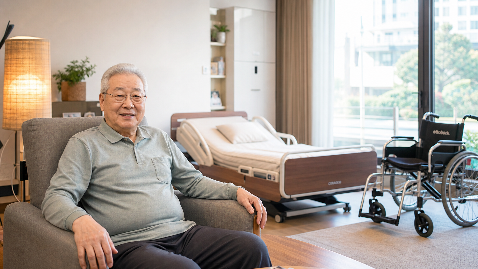현대적인 거실에서 첨단 보조 기구들과 함께 편안하게 앉아 있는 노인의 모습.