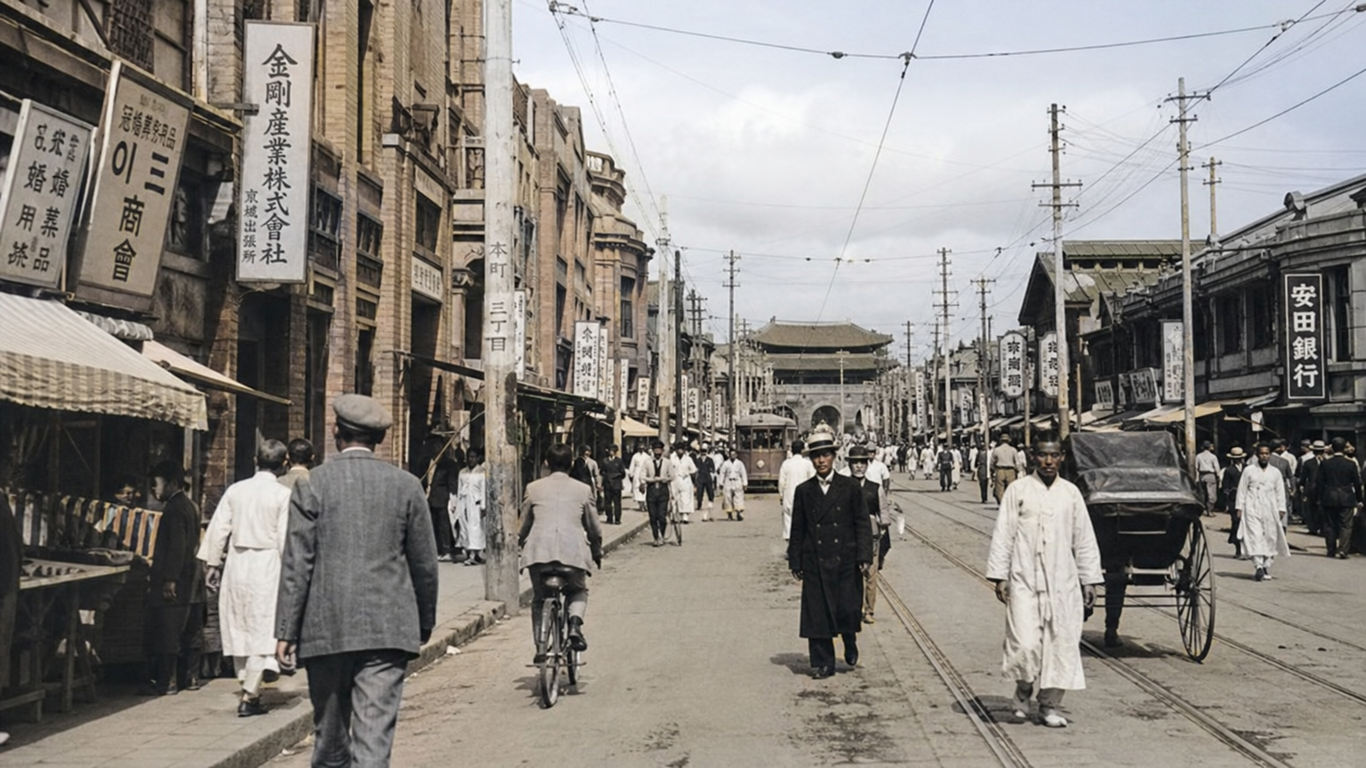 1932년 경성의 활기찬 거리 풍경과 당시 건축물 및 빈티지 복장을 입은 사람들