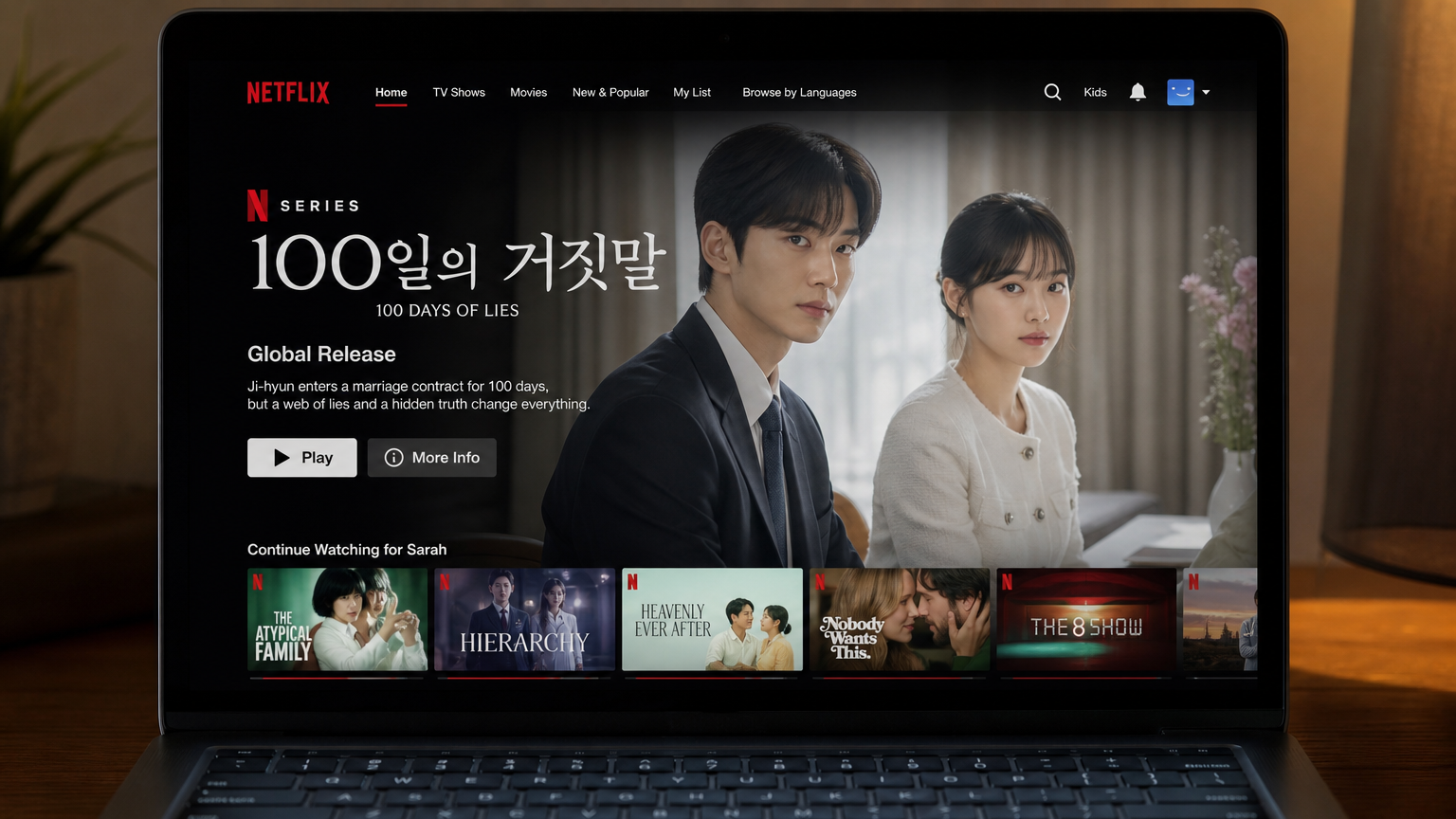 넷플릭스 홈페이지에 '100일의 거짓말' 드라마 시리즈가 전 세계 동시 공개로 소개된 노트북 화면