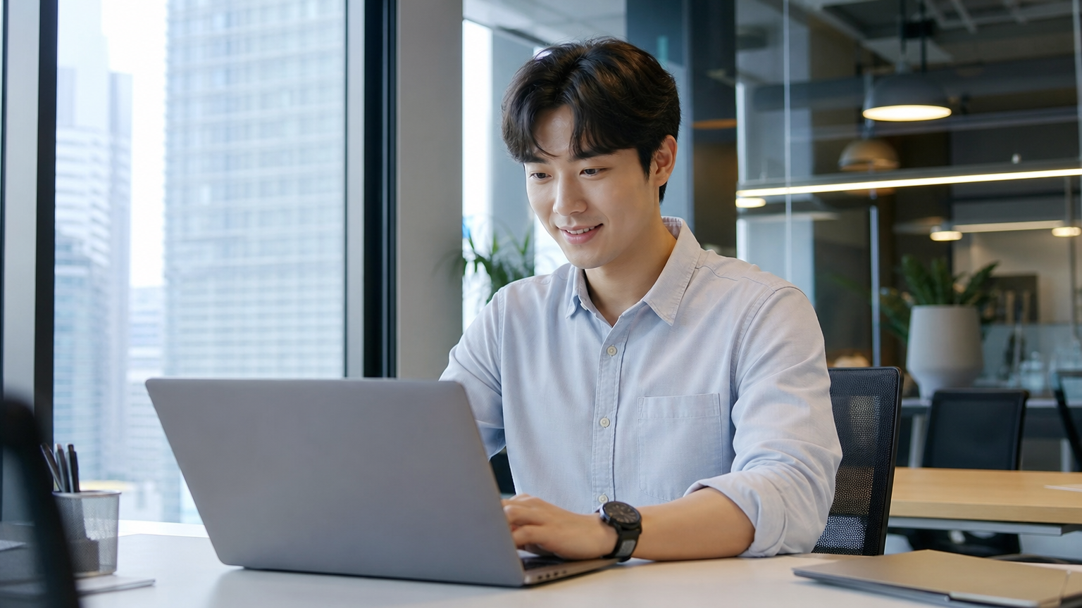 현대적인 사무실에서 노트북으로 온라인 사업자 계좌를 개설하는 젊은 사업가