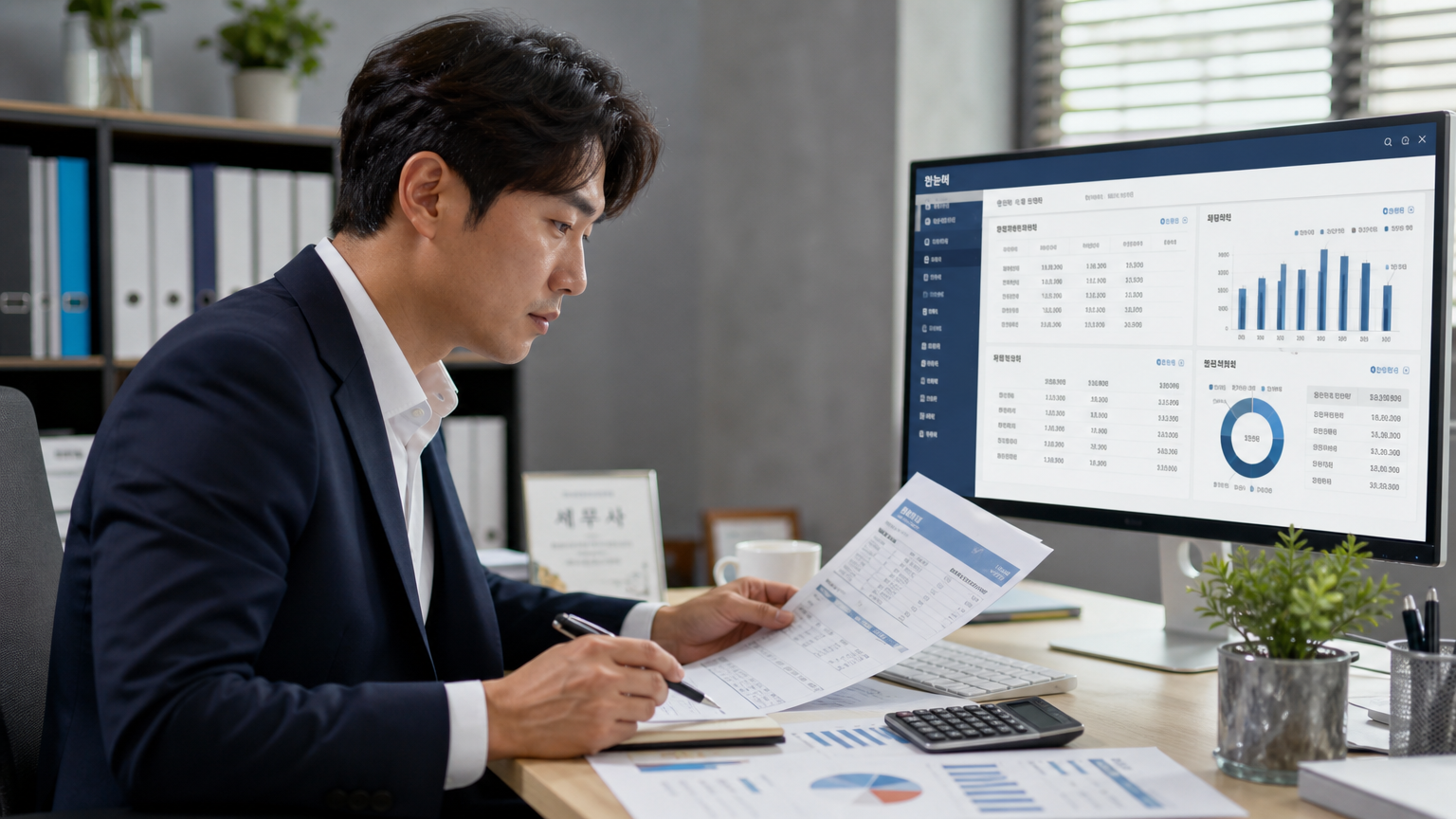 깔끔한 책상 위에 놓인 금융 서류와 화면에 표시된 정리된 재무 데이터