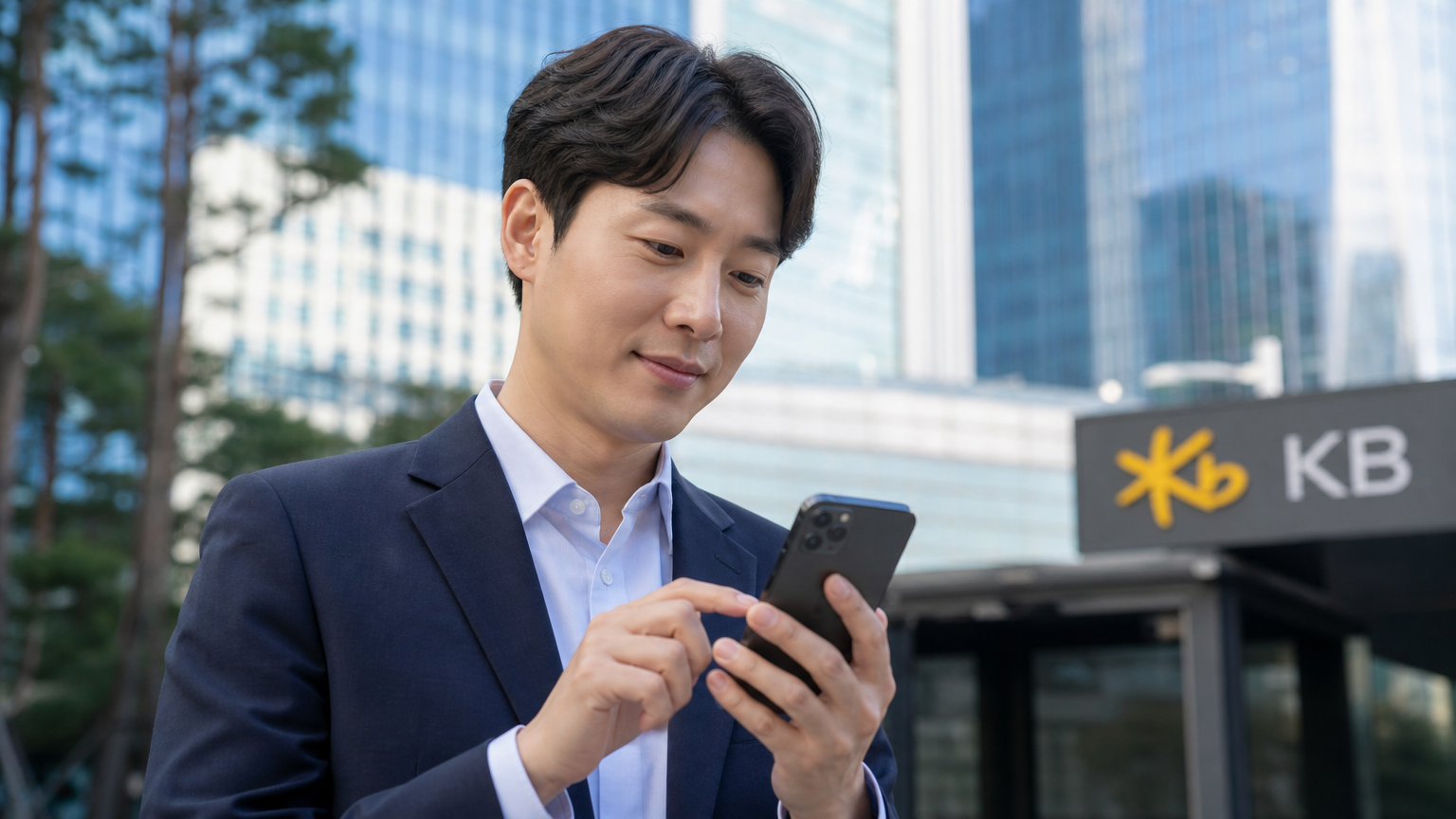 도심 속에서 스마트폰으로 KB 스타 뱅킹 앱을 사용하는 한국의 기업가