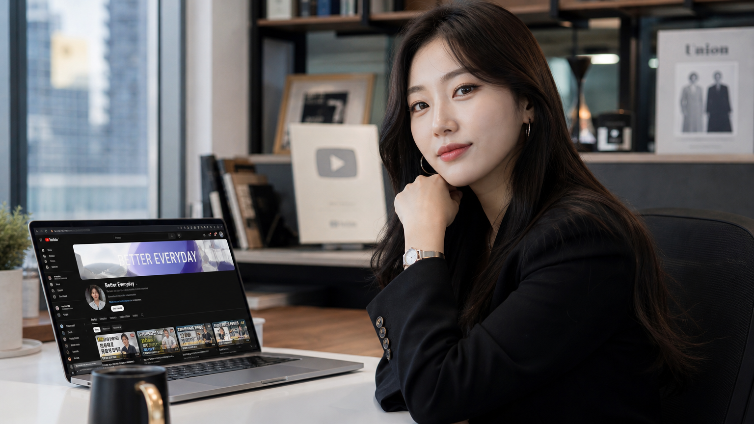 현대적인 사무실에서 유튜브 채널을 시작하는 자신감 있는 여성의 모습