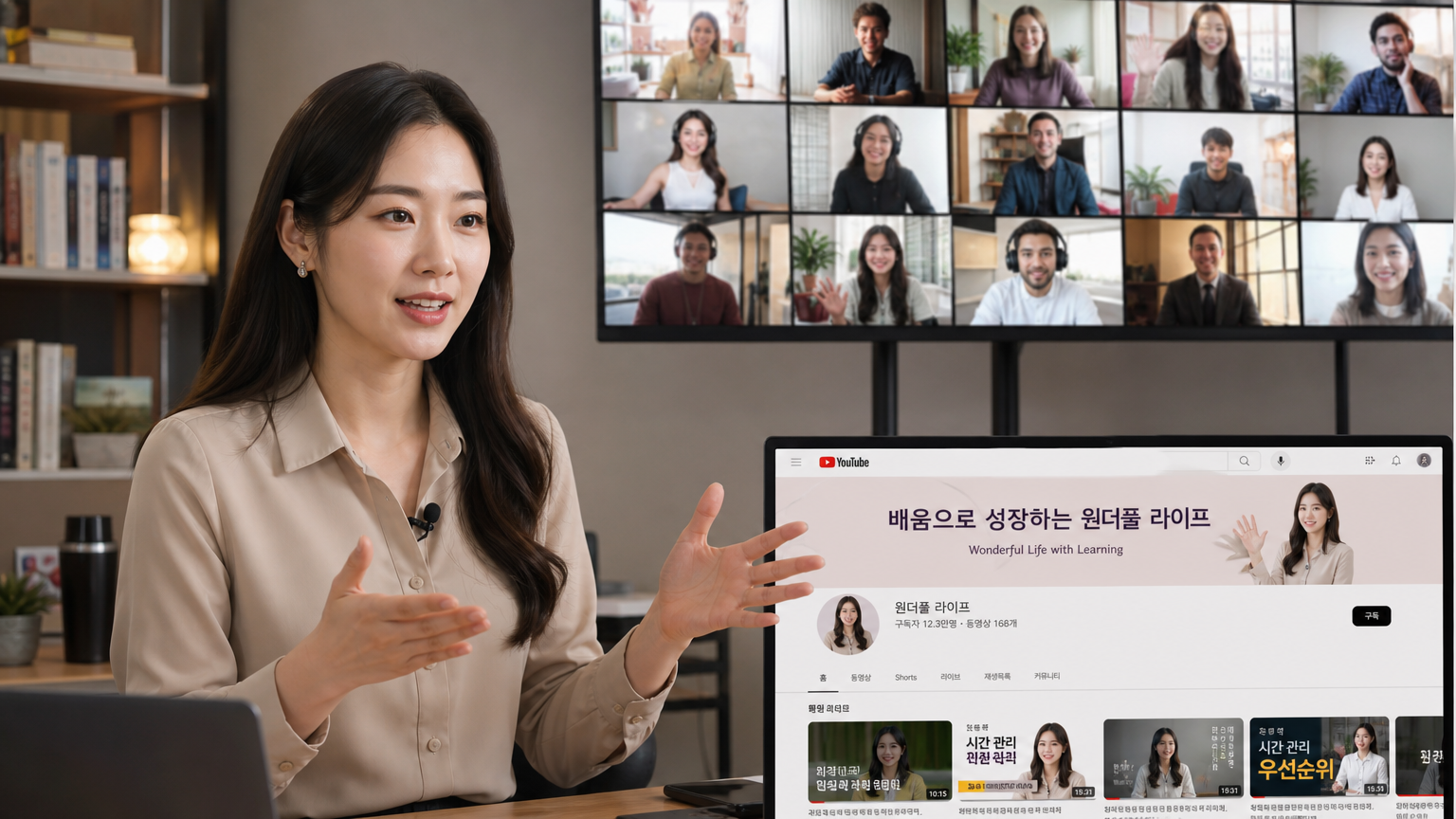 여러 화면에 그녀의 유튜브 채널이 표시된 상태로 온라인 발표를 하는 전문 직업인의 모습