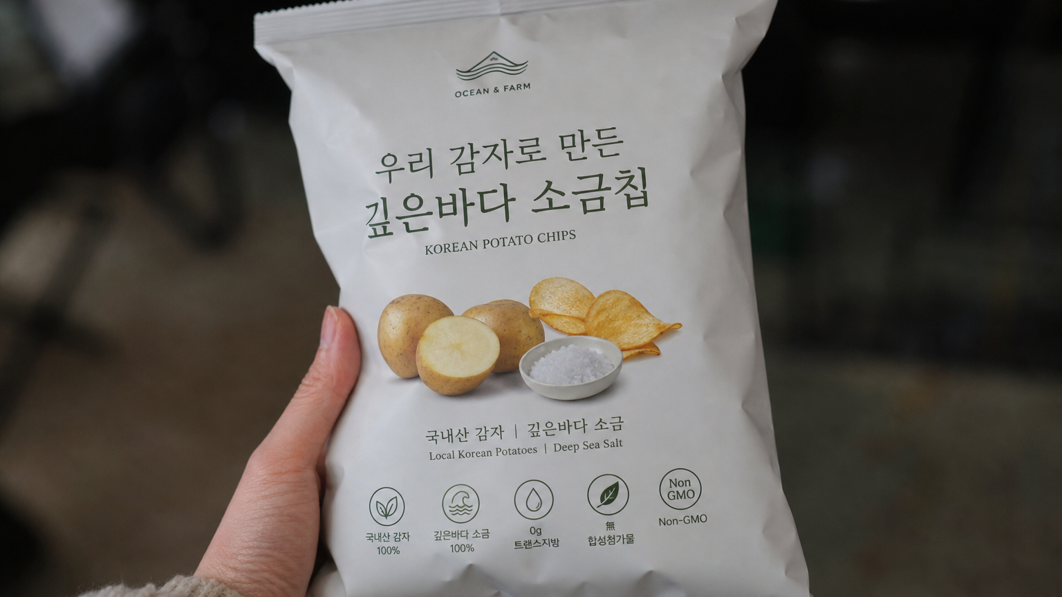 국산 감자와 깊은 바다 소금으로 만든 감자칩 봉지를 들고 있는 손의 클로즈업