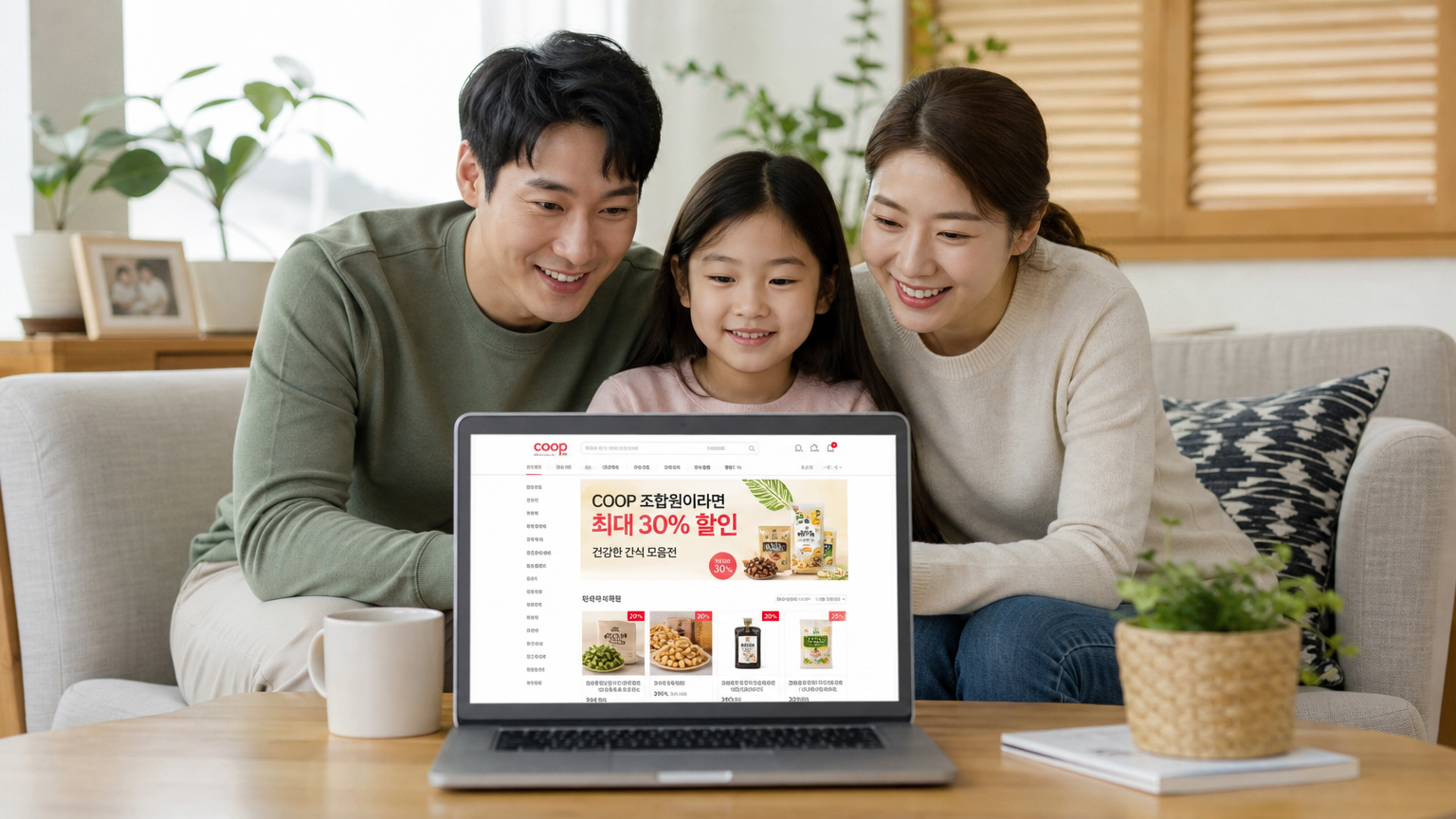 협동조합 회원 혜택으로 할인된 가격에 건강한 간식을 온라인 쇼핑몰에서 구매하는 한국 가족의 모습