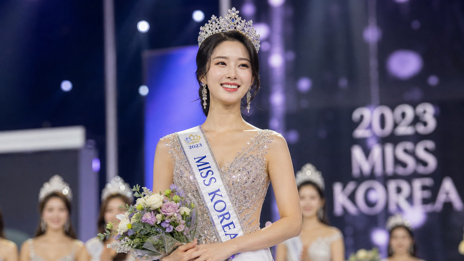미스코리아 대회 무대에서 티아라와 드레스를 입고 있는 우아한 여성
