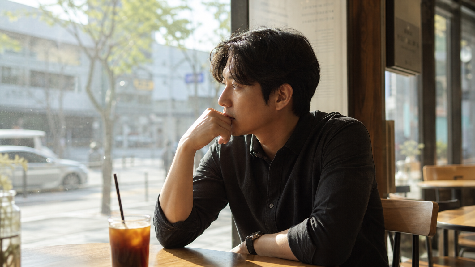 카페에서 과거의 실수를 되돌아보며 사색하는 현대적 한국 남성