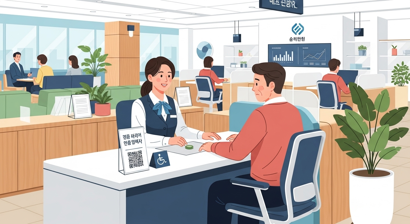 현대적인 은행 내부에서 은행원이 고객을 돕고 있는 모습