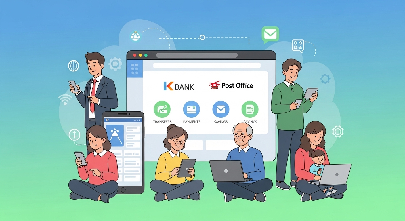 K뱅크와 우체국 같은 한국의 주요 은행들이 온라인 뱅킹 서비스를 제공하는 모습