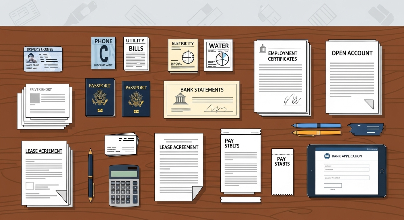 주민등록증과 급여명세서 등 통장 개설에 필요한 서류가 테이블 위에 놓여 있는 모습