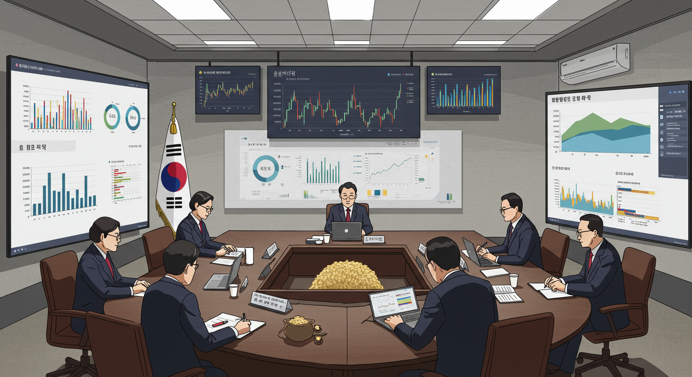 정부 관계자들이 회의실에서 쌀값 대책을 논의하는 모습