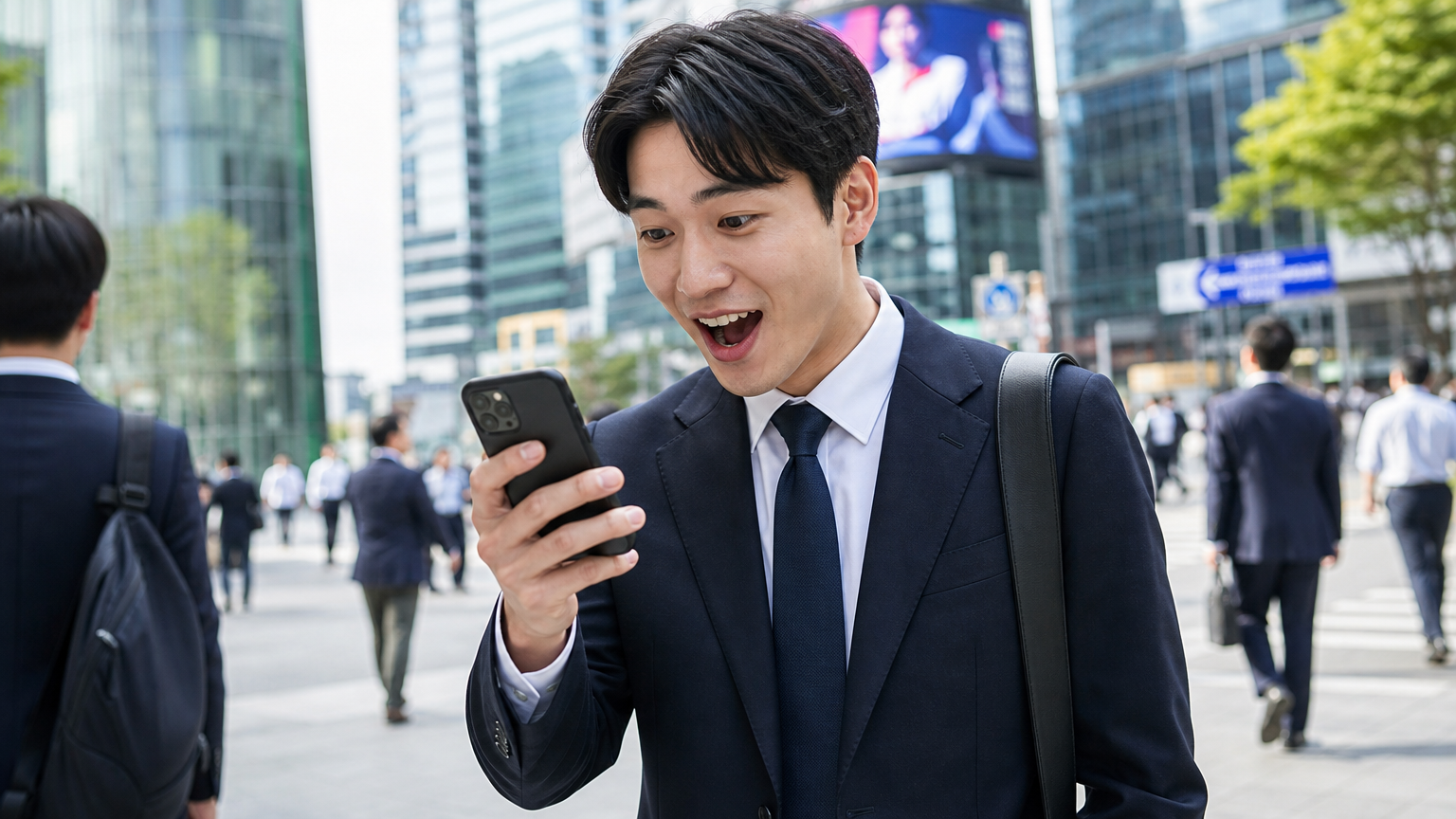 도시의 직장인이 스마트폰을 보며 기대에 찬 모습